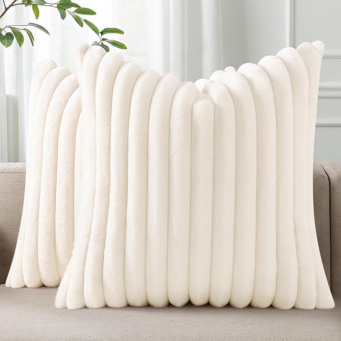 Bedroom Decor Pallene Pallene Faux Fur Plush Throw Pillow Covers 18x18 Set of 2, Luxury Soft Fluffy Striped Decorative Pillow Covers for Sofa, Couch, Living Room, Cream White