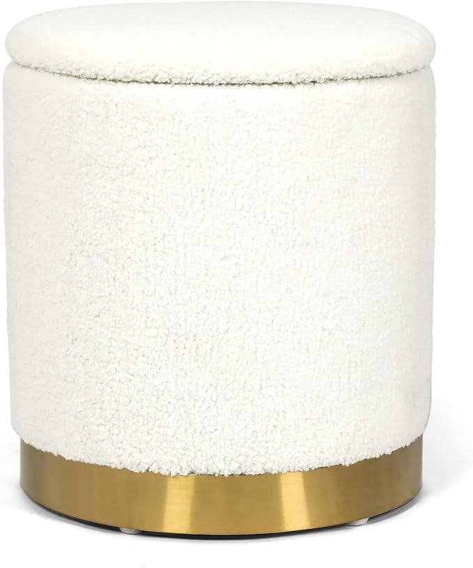 Bedroom Furniture Joveco Boucle Round Ottoman with Storage,Vanity Stool with Storage for Bedroom, Ottoman Coffee Table,Small Boucle Foot Stool for Living Room, White with Gold Plating Base