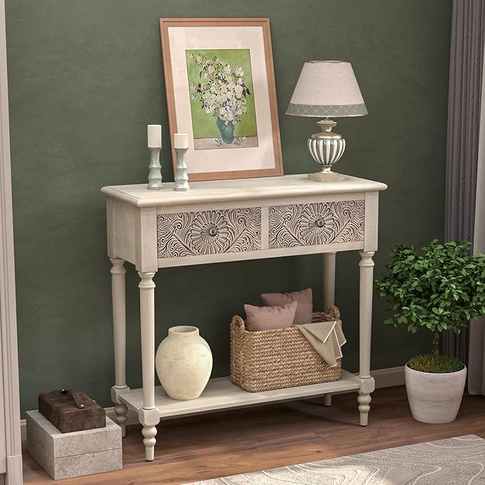 Living Room Furniture COSIEST COSIEST Console Table with 2 Drawers, MDF Narrow Entryway Table with Storage Shelf, Wood Accent Sofa Table for Living Room, Entrance, Hallway, Couch, 