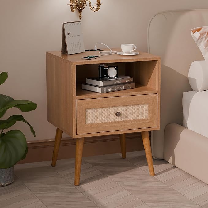 Bedroom Furniture Betterhood Betterhood Rattan Nightstand, Boho Side Table with Drawer Open Shelf, Cane Accent Bedside End Table with Solid Wood Legs for Bedroom, Dorm and Small Spaces (with Charging Station)