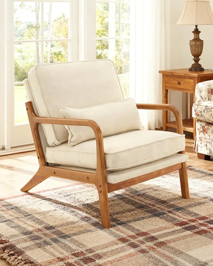 Living Room Furniture Karl home Karl home Accent Chair Mid-Century Modern Chair with Pillow Linen Fabric Upholstered Lounge Arm Chair with Solid Wood Frame & Soft Cushion for Livin