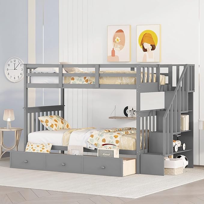 Kitchen Furniture CITYLIGHT CITYLIGHT Twin Over Twin Bunk Beds with Staircase, Bunk Beds with Storage Drawers and Shelves for Kids, Teens,Adults,Grey