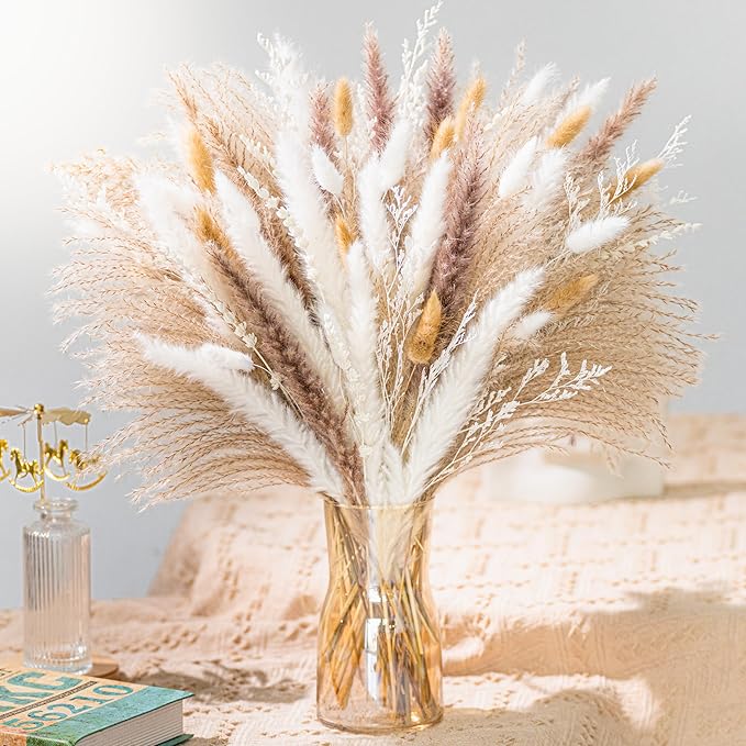Bedroom Decor NTLPAMPA Natural Pampas Grass 8kind Grass Mix Bouquet | Dried Pampas Bouquet for Wedding Boho Flowers Home Table Desk Decor, Rustic Farmhouse Decor (93PCS)