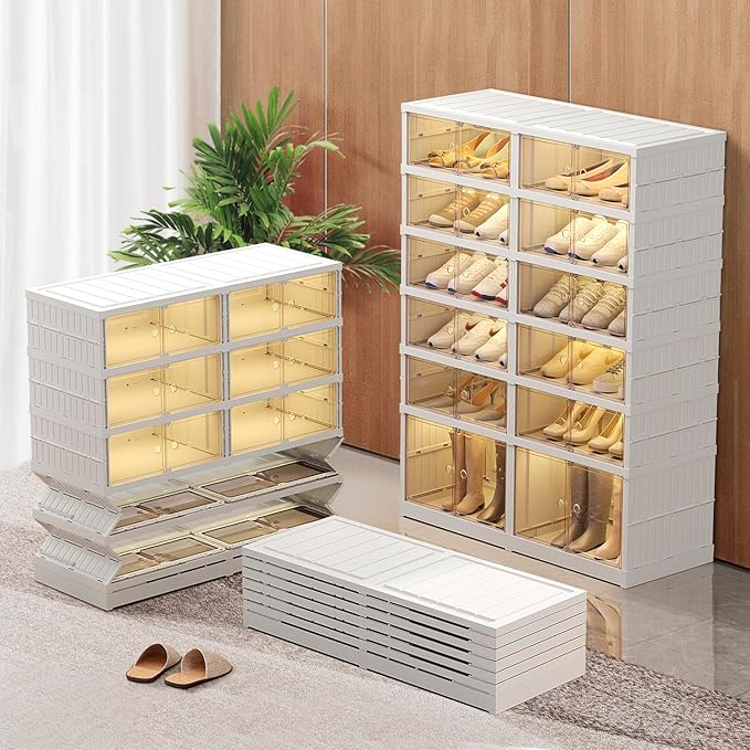 Bathroom Storage CIMLORD CIMLORD 6-Tier Foldable Shoe Rack Organizer for Closet 24Pairs Plastic Shoe Shelf Collapsible Shoes Storage Box Clear Shoe Boxes Stackable with Door Easy Assembly Shoe Cabi