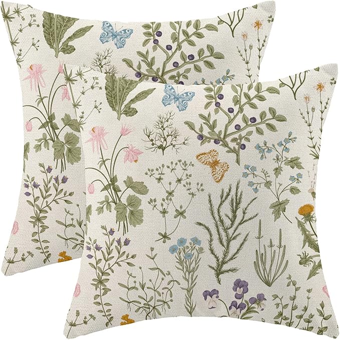 Living Room Decor AEIOAE AEIOAE Spring Pillow Covers 18x18 Inch Set of 2,Sage Green Wild Flower Plant Throw Pillows Case,Seasonal Floral Outdoor Decorative Square Linen Farmhouse D