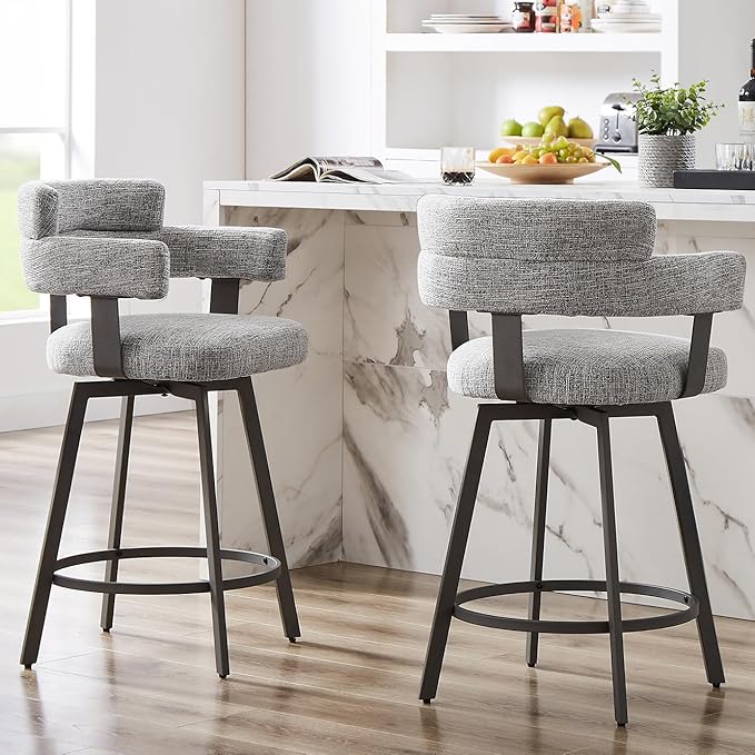 Kitchen Furniture FERFALDER Counter Height Bar Stools with Full Back – Swivel Counter Stools Set of 2 with Linen Padded Back, Metal Footrest, Modern Barstools for Kitchen Counter, 