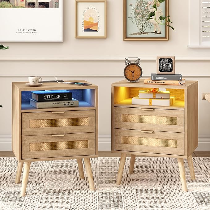 Bedroom Furniture Halitaa Real Rattan Nightstands Set of 2 with Charging Station and Led Lights, End Tables with 2 Drawers and Solid Wood Legs, Bedside Table Side Table, Boho Night