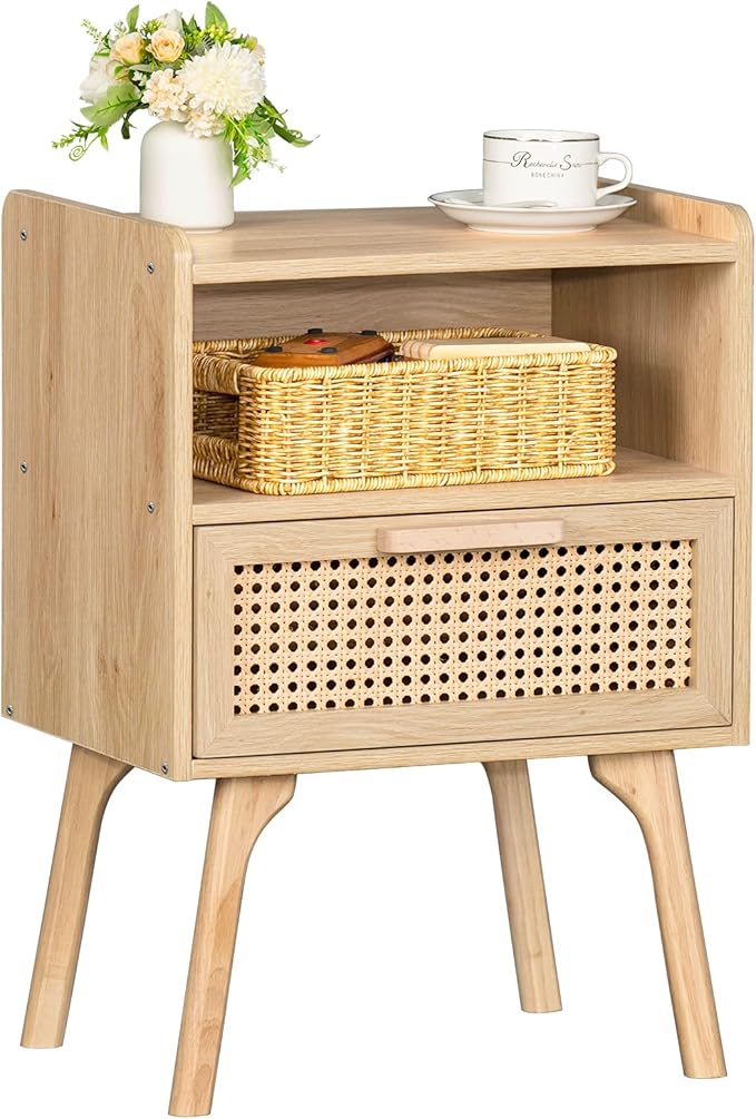 Bedroom Furniture Lerliuo Lerliuo Rattan Nightstand, Boho Side Table with Drawer Open Shelf, Cane Accent Bedside End Table with Solid Wood Legs for Bedroom, Dorm and Small Spaces (