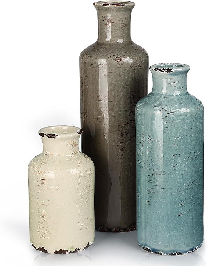 Bedroom Decor CUCUMI CUCUMI Ceramic Vases Set of 3, Rustic Coastal Vases Home Decor, Farmhouse Flower Vases Decor for Shelves, Ocean Beach Style, Mantle, Fireplace, Coffee Table, S
