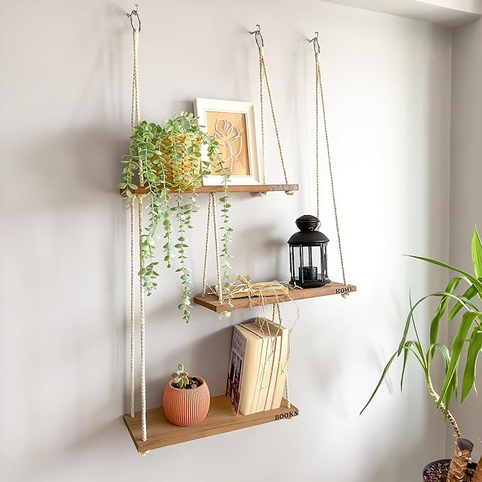 Living Room Furniture NWOOD Boho Wall Shelves for Plants and Decor - Rope Hanging Shelves