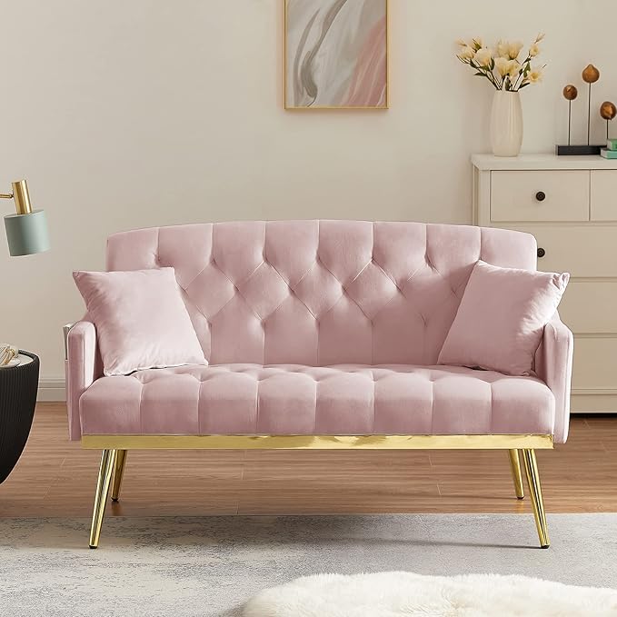 Living Room Furniture Antetek Upholstered Velvet Loveseat Sofa, Modern Small Couch with Side Pocket and Golden Metal Legs, Pink