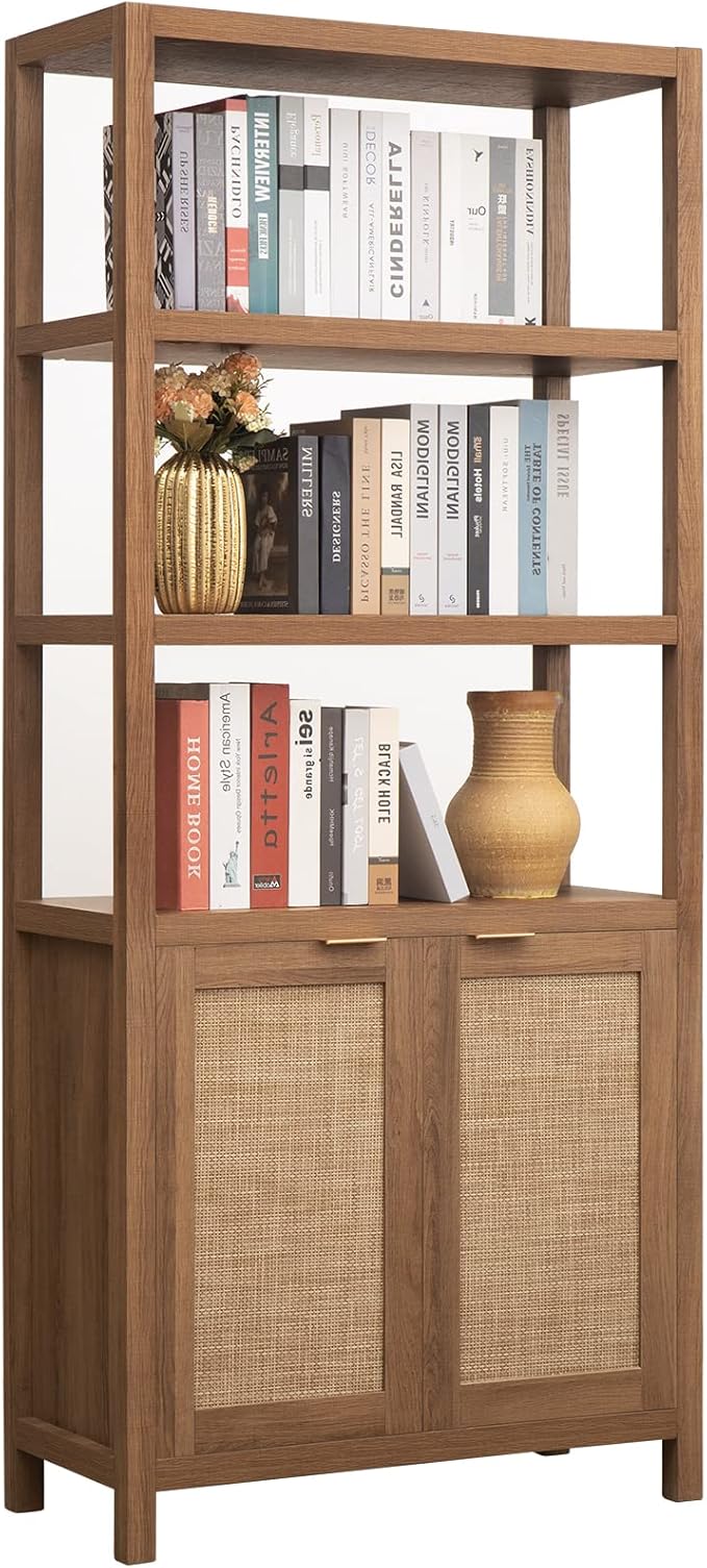 Living Room Furniture SICOTAS SICOTAS Bookshelf 5 Tier Book Shelf Rattan Boho 71" Tall Bookcase with Doors Storage Shelves Large Bookshelves Farmhouse Bookcases Library Book Case f