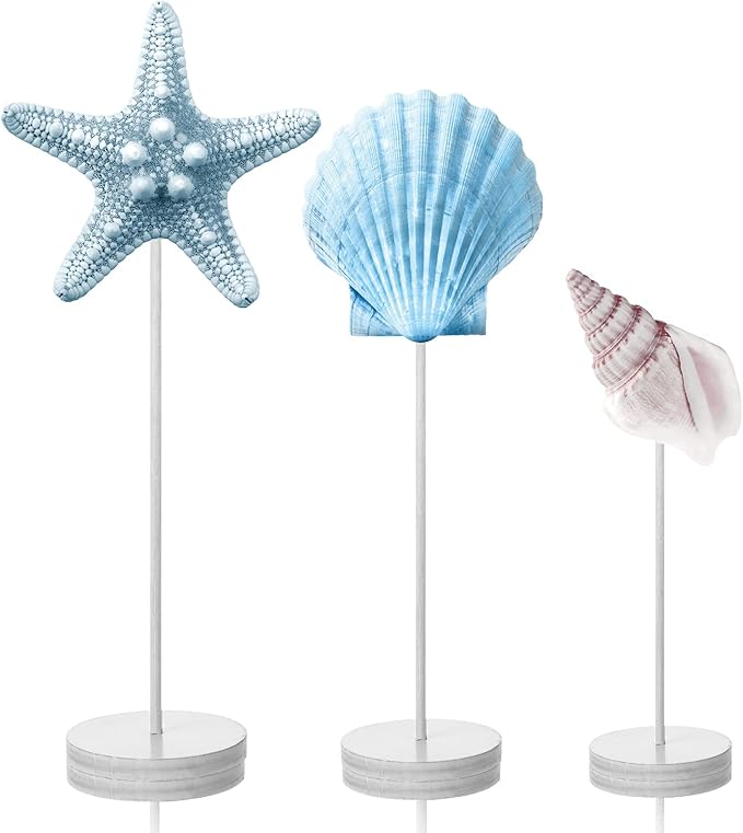 Living Room Decor Gerrii Gerrii 3 Pcs Sea Wooden Table Decor Coastal Starfish Seashell Conch Decor Ocean Beach Centerpieces Nautical Standing Themed Block Decoration for Summer Hol
