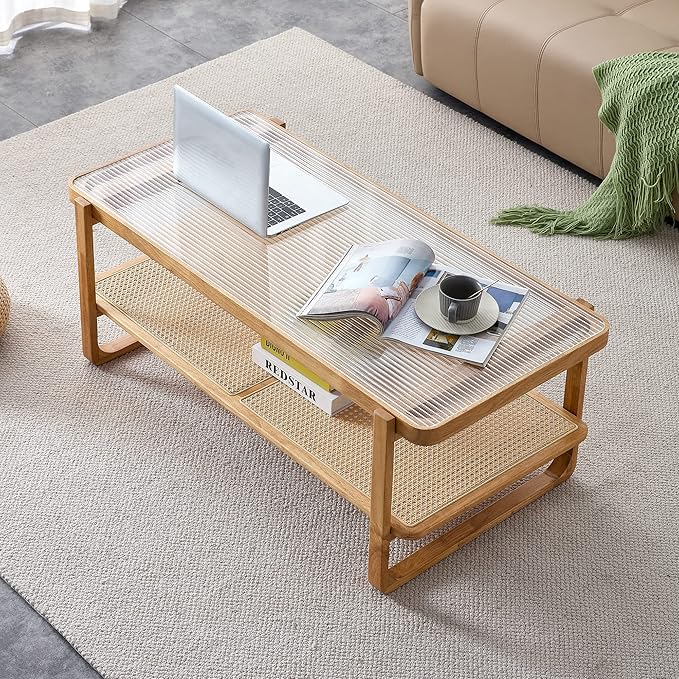 Living Room Furniture NYEESS Rattan Coffee Table with Tempered Glass Top,Wood Coffee Table for Living Room,Glass Top with Imitation Rattan Storage Shelf, Rectangle Coffee Table for