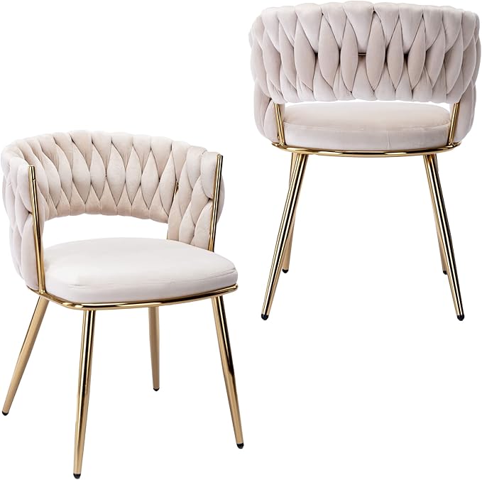 Bedroom Furniture KCC KCC Modern Velvet Dining Chairs Set of 2, Upholstered Living Room Chair with Woven Back and Golden Metal Legs, Mid-Century Accent Side Chair for Living Dining