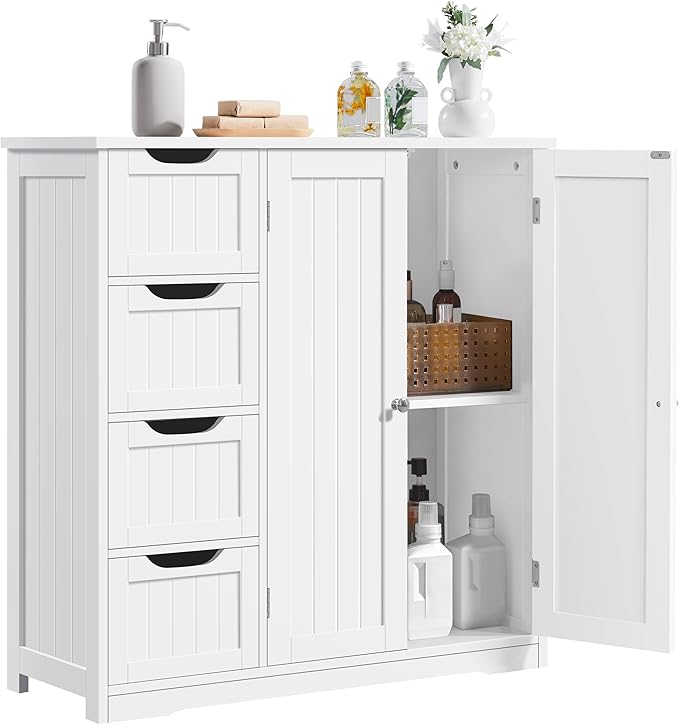Kitchen Furniture Yaheetech Yaheetech Wooden Bathroom Floor Cabinet, Side Storage Organizer Cabinet with 4 Drawers & Double Doors, Freestanding Entryway Storage Unit Console Table,