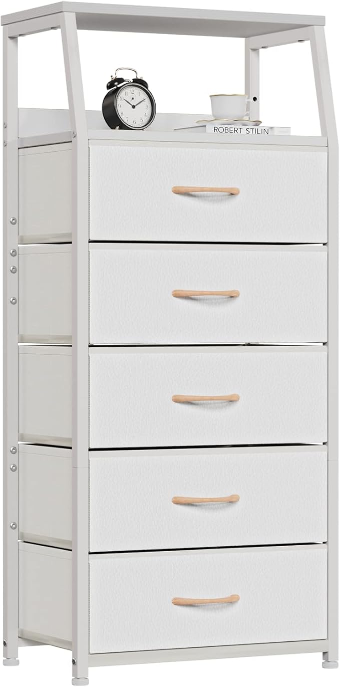 Bedroom Furniture Furnulem Furnulem White Dresser with 5 Drawers, Vertical Storage Tower Fabric Dresser for Bedroom, Hallway, Entryway, Nursery, Closet Organizer, Nightstand Bedsid