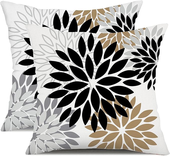 Living Room Decor DFXSZ DFXSZ Black Brown Outdoor Pillow Covers 18x18 Inch Set of 2 White Gray Flower Throw Pillows Farmhouse Outdoor Modern Floral Polyester Square Cushion Case Decor for Patio Funiture Garden 002B18 - Polyester - PACKAGE INCLUDES: Set of 2 pillow covers, No Insert or Filler.Two side print the pattern.Made of high quality thick linen with waterproof coating. The waterproof coating can block the water bead effectively.