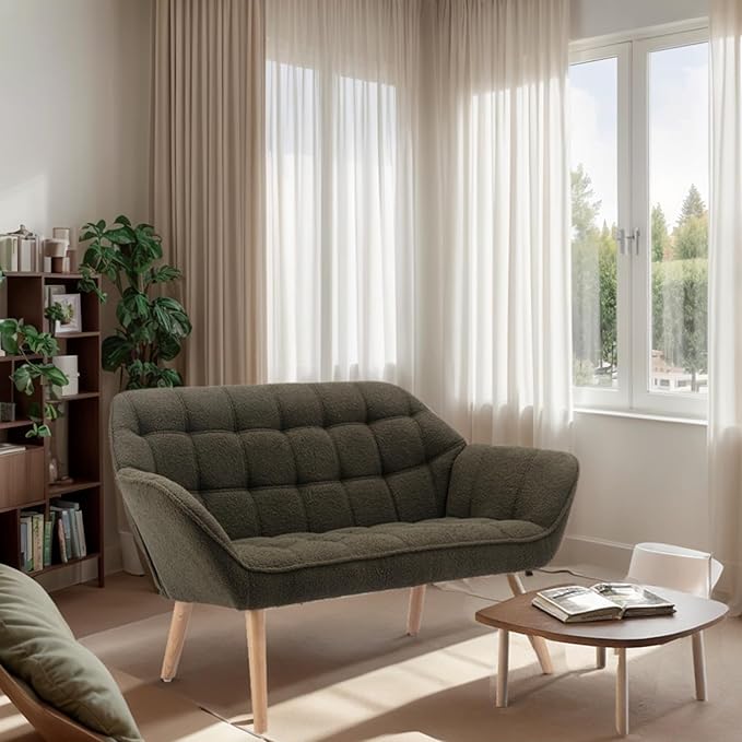 Living Room Furniture ZH4YOU 48" Small Loveseat for Small Spaces, Upholstered Fluffy Loveseat Sofa, Mid Century Modern Mini Couch with Armrest and Wood Legs for Bedroom, Living Roo
