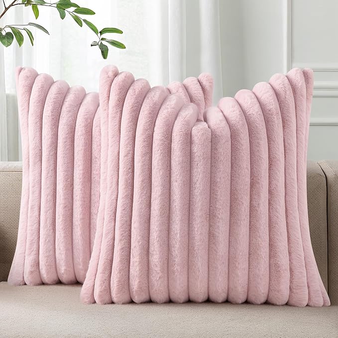 Living Room Furniture Pallene Pallene Faux Fur Plush Throw Pillow Covers 18x18 Set of 2, Luxury Soft Fluffy Striped Decorative Pillow Covers for Sofa, Couch, Living Room, Blush Pin