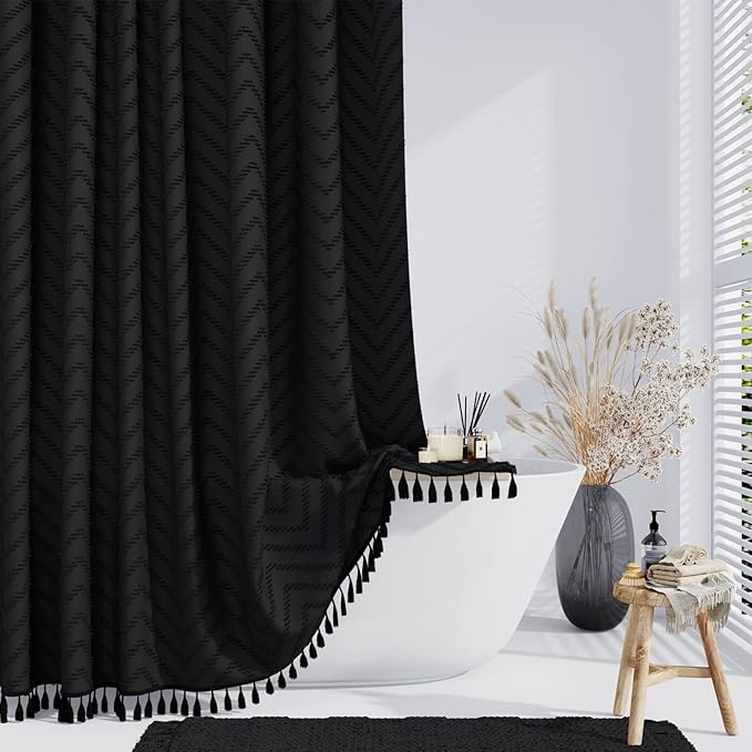 Bathroom Storage Dynamene Dynamene Boho Farmhouse Shower Curtain, Black Fabric Tufted Chevron Striped Textured Tassel Shower Curtains for Bathroom, Water Repellent, Minimalist Ruff