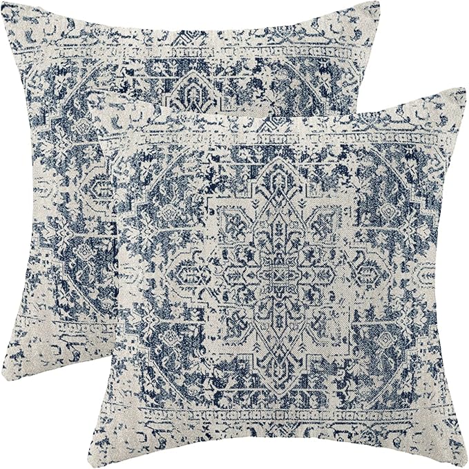 Living Room Decor Gohdiwh Boho Pillow Covers 18x18 Set of 2, Ethnic Design Decorative Throw Pillows Linen Blue Carpet Pattern