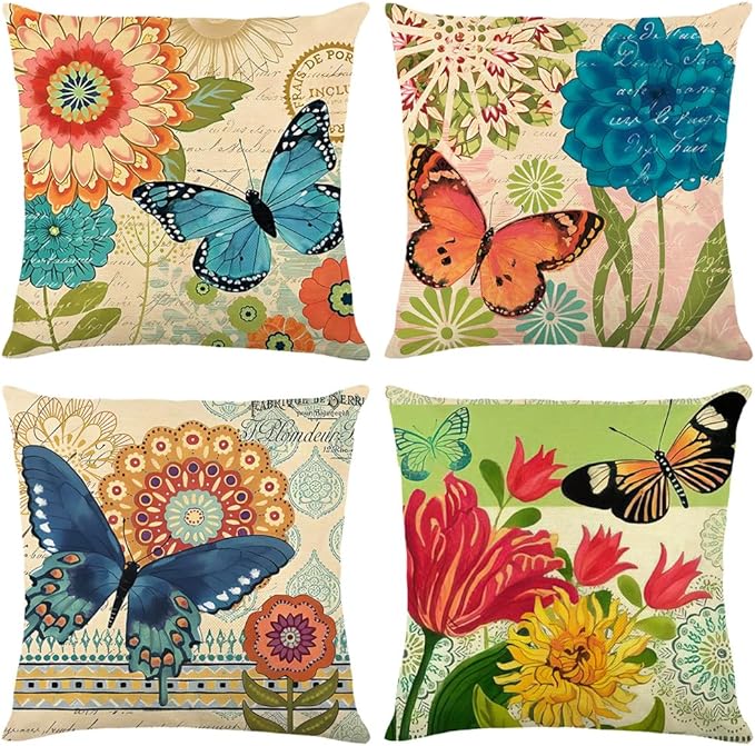 Living Room Decor wyooxoo wyooxoo Spring Summer Pillow Covers 18x18 Set of 4 Farmhouse Throw Pillow Covers Linen Flower Butterfly Decorative Pillowcases for Sofa Couch Living Room 