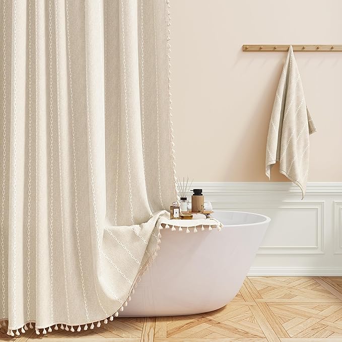Bathroom Storage BTTN BTTN Boho Farmhouse Shower Curtain, Linen Rustic Weighted Striped Cloth Shower Curtain Set with Tassel, Water Repellent, Bohemian Vintage Country Fabric Showe