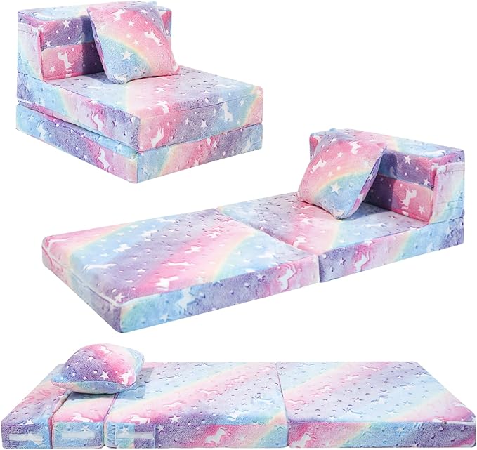 Living Room Furniture MeMoreCool MeMoreCool Glow Rainbow Unicorn Tri-fold Sofa Bed for Kids, Foldable Futon Mattress, Chair, and Floor Couch for Playroom