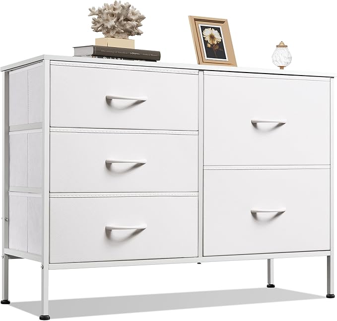 Bedroom Furniture WLIVE WLIVE White Dresser for Bedroom with 5 Drawers, Fabric Dresser for Living Room, Wide Chest of Drawers for Bedroom, Closet, Hallway, White