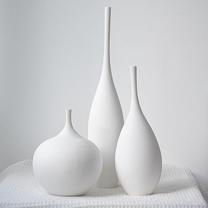 Living Room Decor Relexome White Ceramic Vase Modern Boho Wabi-Sabi Flower Vase Set of 3 Decorative Aesthetic Vases for Centerpieces Pampas Matte Minimalist Vases for Living Room T