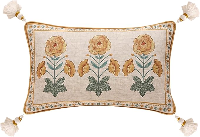 Living Room Decor patdrea patdrea Designer Rectangle Throw Pillow Covers for Couch 12"x20",Vintage French Linen with Beige Daisy Floral Pattern and White Pendant,Farmhouse Decorative Lumbar Cushion 