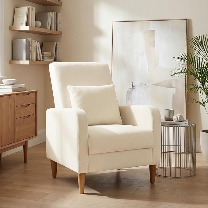 Living Room Small Space COLAMY COLAMY Mid-Century Modern Upholstered Accent Chair with Back Pillow & Solid Wood Legs, Fabric Cozy Armchair for Living Room, Bedroom, Reading Nook, A