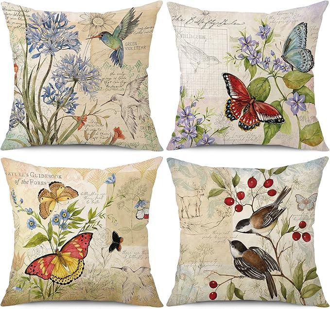 Living Room Decor wyooxoo wyooxoo Farmhouse Pillow Covers 20x20 Set of 4 Spring Summer Throw Pillow Covers Linen Flower Butterfly Bird Decorative Pillowcases for Sofa Couch