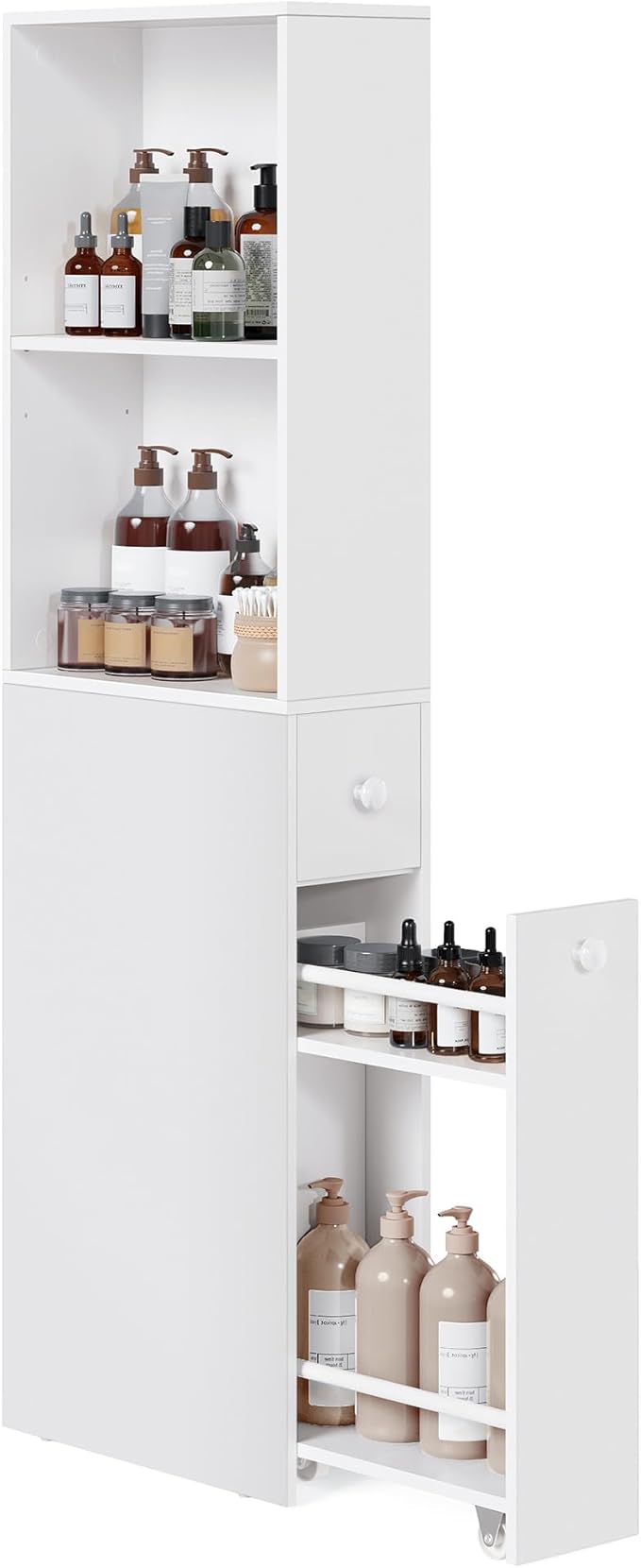 Kitchen Furniture VASAGLE VASAGLE Slim Bathroom Storage Cabinet, Narrow Freestanding Cabinet with Storage Drawers and Adjustable Shelf, for Small Spaces, Modern Style, Cloud White 
