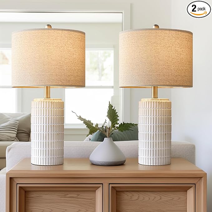 Living Room Furniture PoKat PoKat 23" Modern Ceramic Table Lamp Set of 2 for Living Room White Desk Lamps for Bedroom Farmhouse Bedside Nightstand Lamp House Warming Gifts New Home