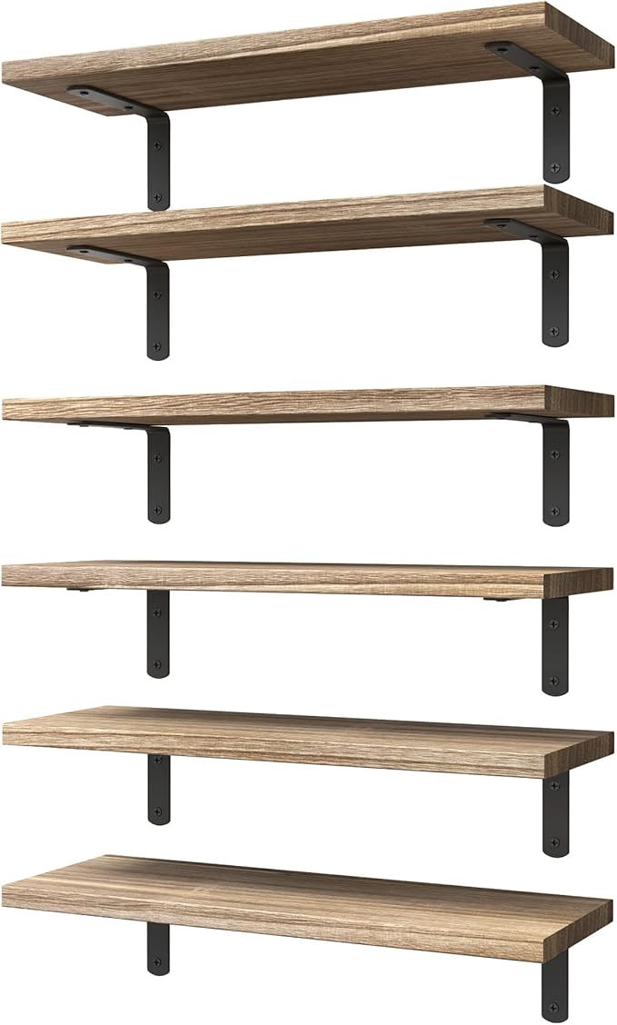 Bathroom Furniture WOPITUES WOPITUES Wood Floating Shelves Set of 6, Shelves for Wall Decor, Farmhouse Shelf for Bedroom, Bathroom Storage Shelves, Book Shelves for Living Room - R