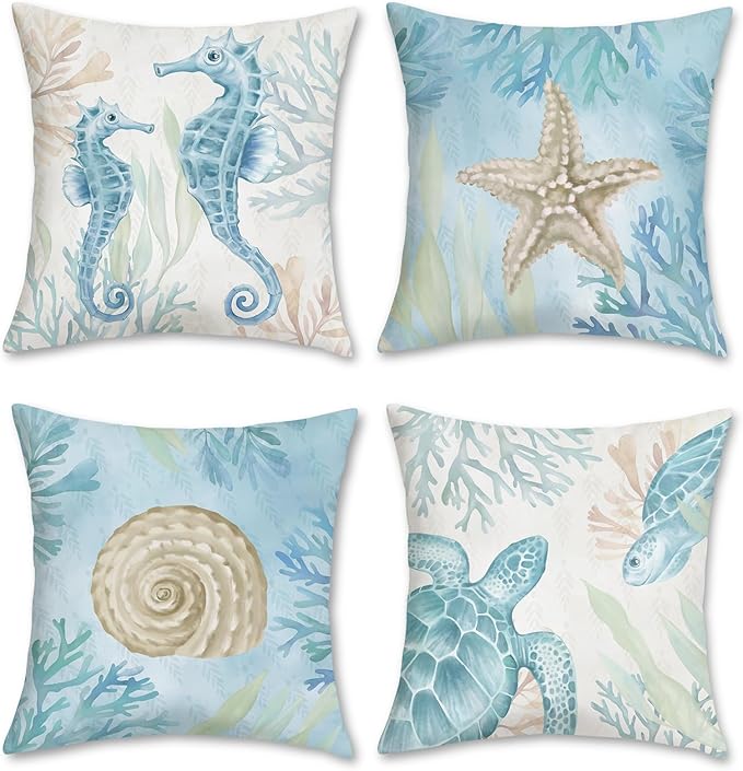 Living Room Decor Bonhause Bonhause Ocean Beach Throw Pillow Covers 18 x 18 Inch Seahorse Turtle Starfish Coastal Outdoor Decorative Pillows Soft Velvet Cushion Cases for Couch Sof