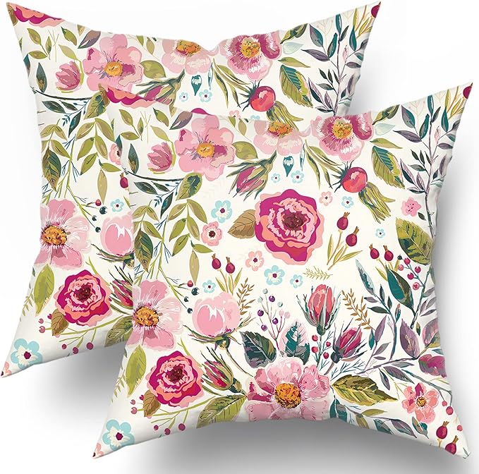 Living Room Decor Granbey Spring Summer Flower Throw Pillow Covers 18X18 Inch Watercolor Peony Pillowcase Hot Pink Floral with Green Leaves Girly Decorative Square Cotton Cushion Cover Set of 2 for Home Garden Outdoor Bed