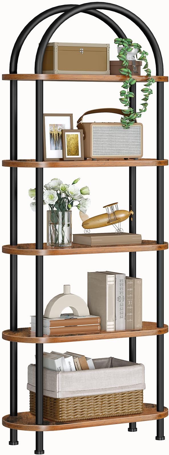 Living Room Furniture HOOBRO HOOBRO 5 Tier Open Bookshelf, Industrial Arched Bookcase Display Shelf Rack, Wooden Bookcase Storage Shelf Metal Frame, Tall Storage Organizer for Home