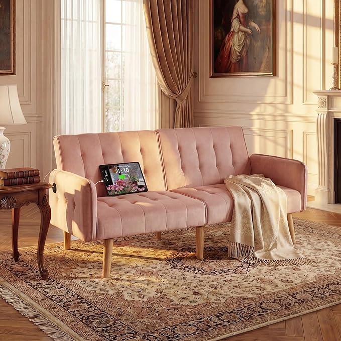 Living Room Furniture TYBOATLE TYBOATLE 65" W Velvet Modern Convertible Folding Futon Couch Sofa Bed w/ 2 USB Charging Ports and arms, Loveseat for Compact Living Space, Dorm, Game