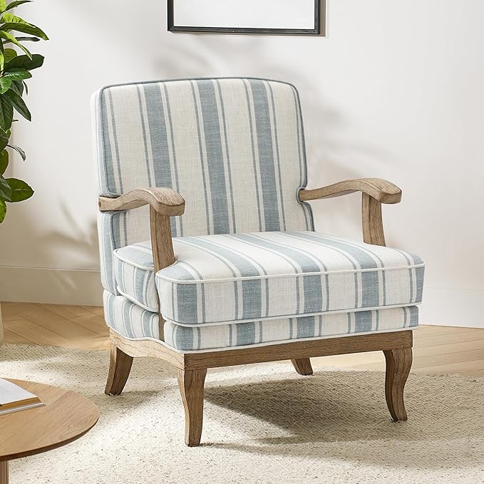 Kitchen Furniture HULALA HOME Upholstered Accent Chair, Mid-Century Modern Striped Chair with Graceful Curves and Wooden Legs, Comfy Lounge Armchair Striped Accent Chai