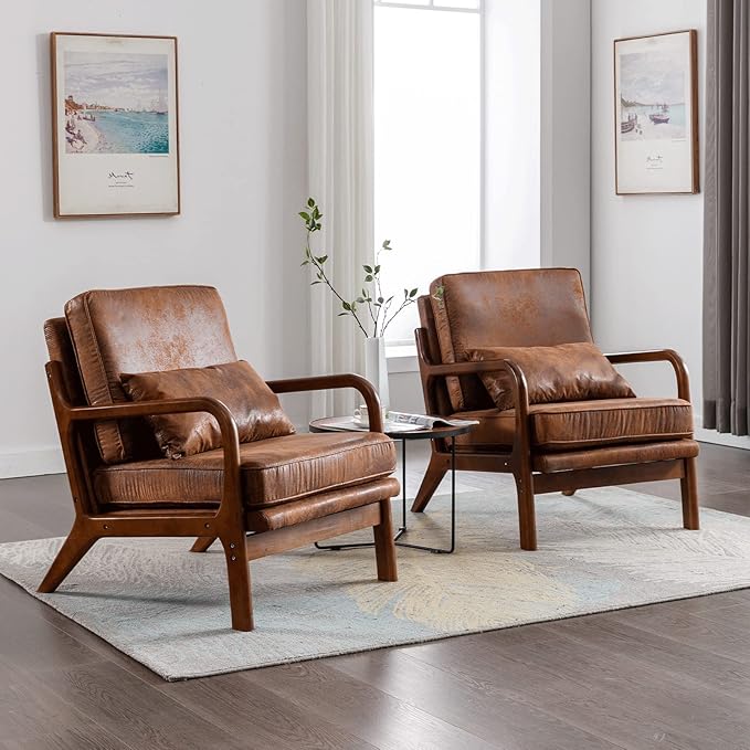 Living Room Furniture Deolme Mid Century Modern Accent Chair Set of 2 Living Room- Comfy Solid Wood Arm Chair with Lumber Pillow Lounge Decorative Brown Leather Office Side Chair B