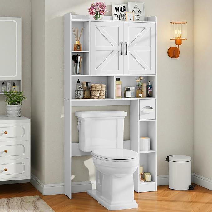 Bathroom Furniture Vabches Vabches Over The Toilet Storage Cabinet, Farmhouse Storage Cabinet Over Toilet with 2 Barn Door & Toilet Paper Holder Stand，Home Space-Saving Toilet Rack