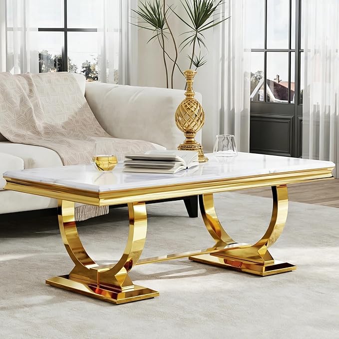 Living Room Furniture Asday Asday Gold and White Coffee Table, Rectangle Gold Marble Coffee Table, Luxury Elegant Center Table for Living Room, Guest Hall, Reception Room