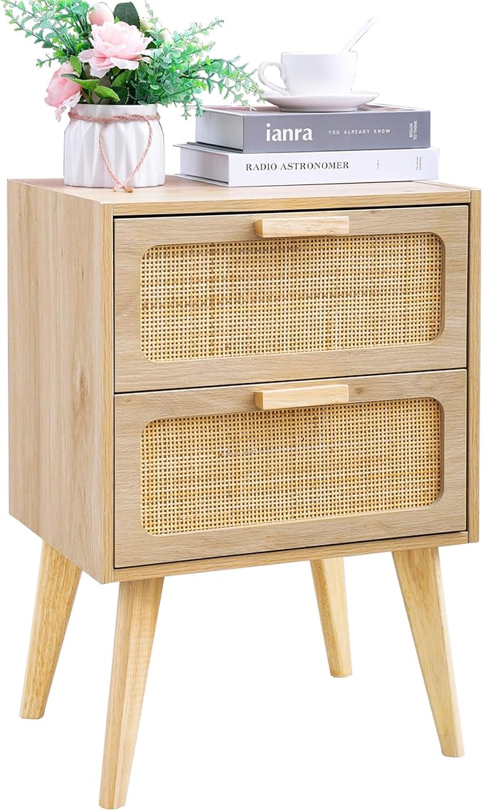 Bedroom Furniture YAUKOMEL Small Rattan Nightstand,Boho Bedside with Storage,End Table,Side Table with 2 Hand Made Rattan Decorated Drawers for Small Space,Livingroom,Bedroom,Natur