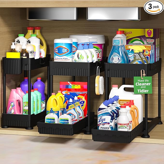 Kitchen Organisation Sevenblue 3 Pack Under Sink Organizers, 2-Tier Multi-Use Kitchen and Bathroom Organizers and Storage with Sliding Drawers，Bathroom Cabinet Organizer (Black, 12