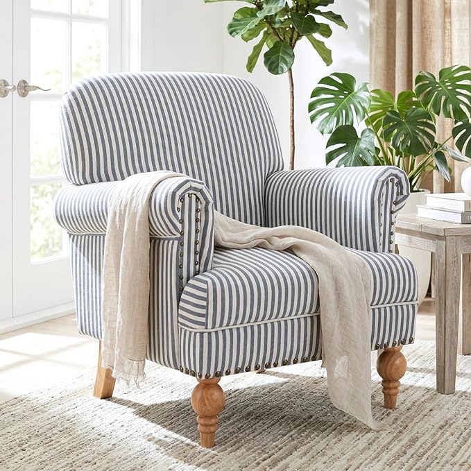 Kitchen Furniture DM Furniture Blue Striped Linen Fabric Accent Chair, Coastal Upholstered Armchair with Nailhead Trim & Ball Turned Wood Legs, Modern Farmhouse Club Chair for Livi