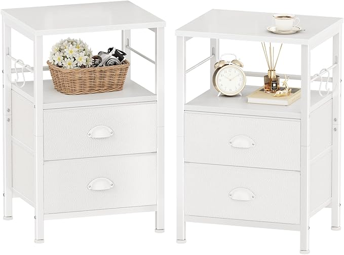 Bedroom Furniture Furologee Furologee Nightstands Set of 2, End Table with 2 Fabric Drawers, Night Stand with 2 Hooks, Open Wood Shelf Bedside Table for Bedroom/Living Room/White
