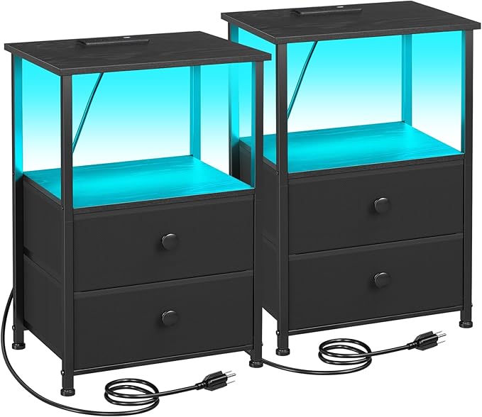Bedroom Furniture LOAKEKEL Night Stand Set 2, LED Nightstand with Charging Station, End Tables with Storage Shelf, Bed Side Table with 2 Fabric Drawers for Bedroom, Small Spaces, B